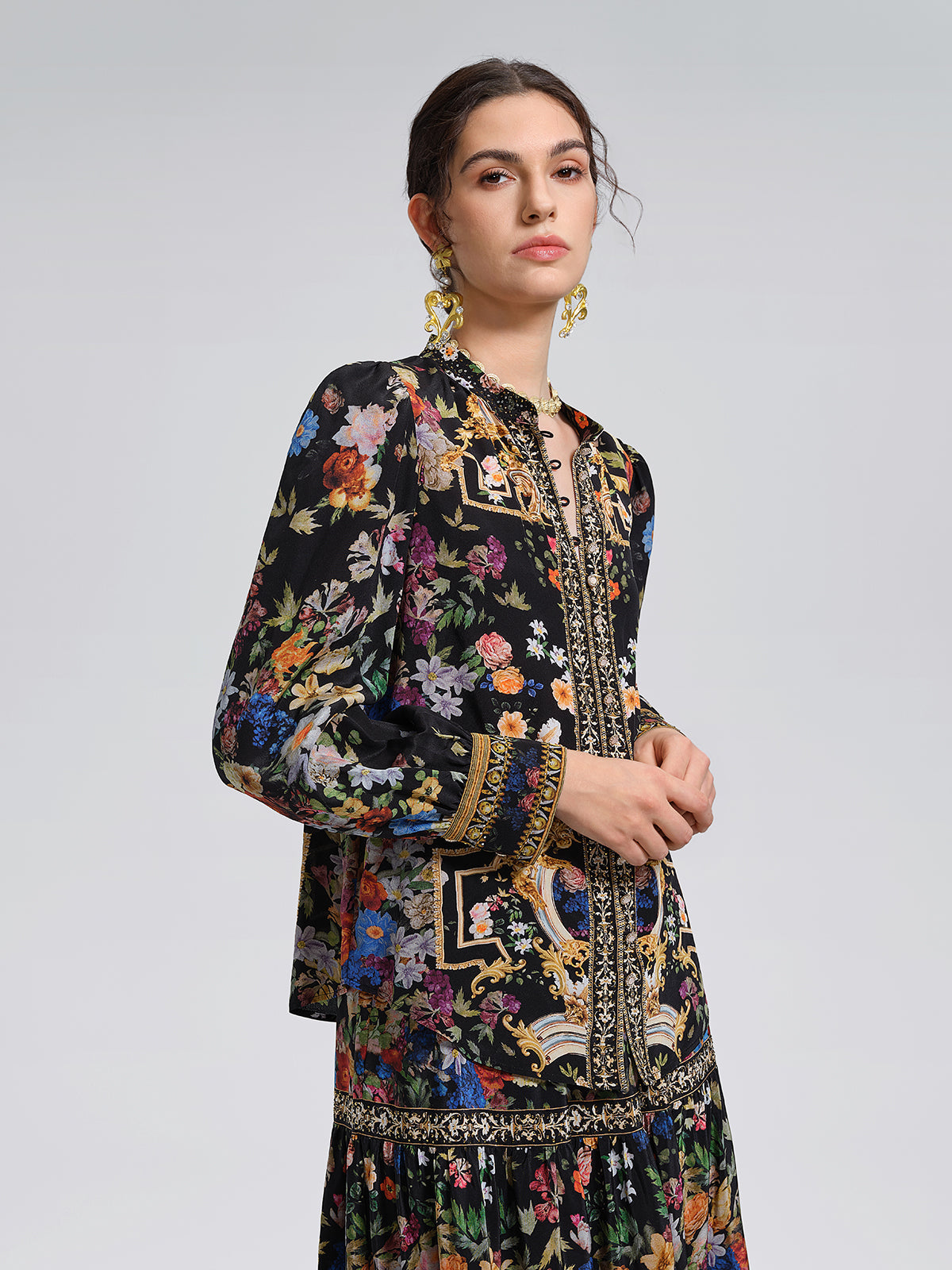 100% Silk Floral Print Rhinestone Blouse