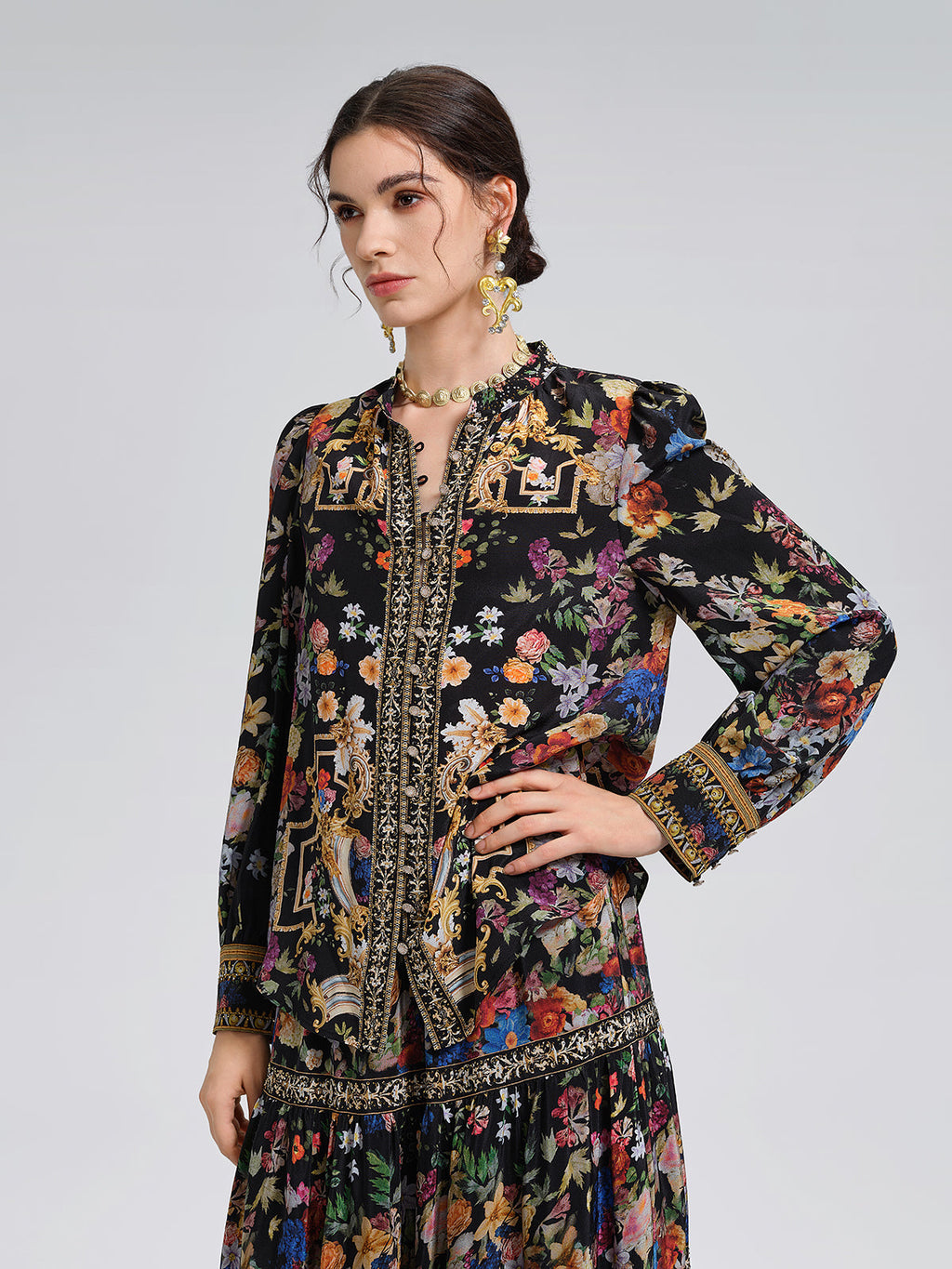 100% Silk Floral Print Rhinestone Blouse