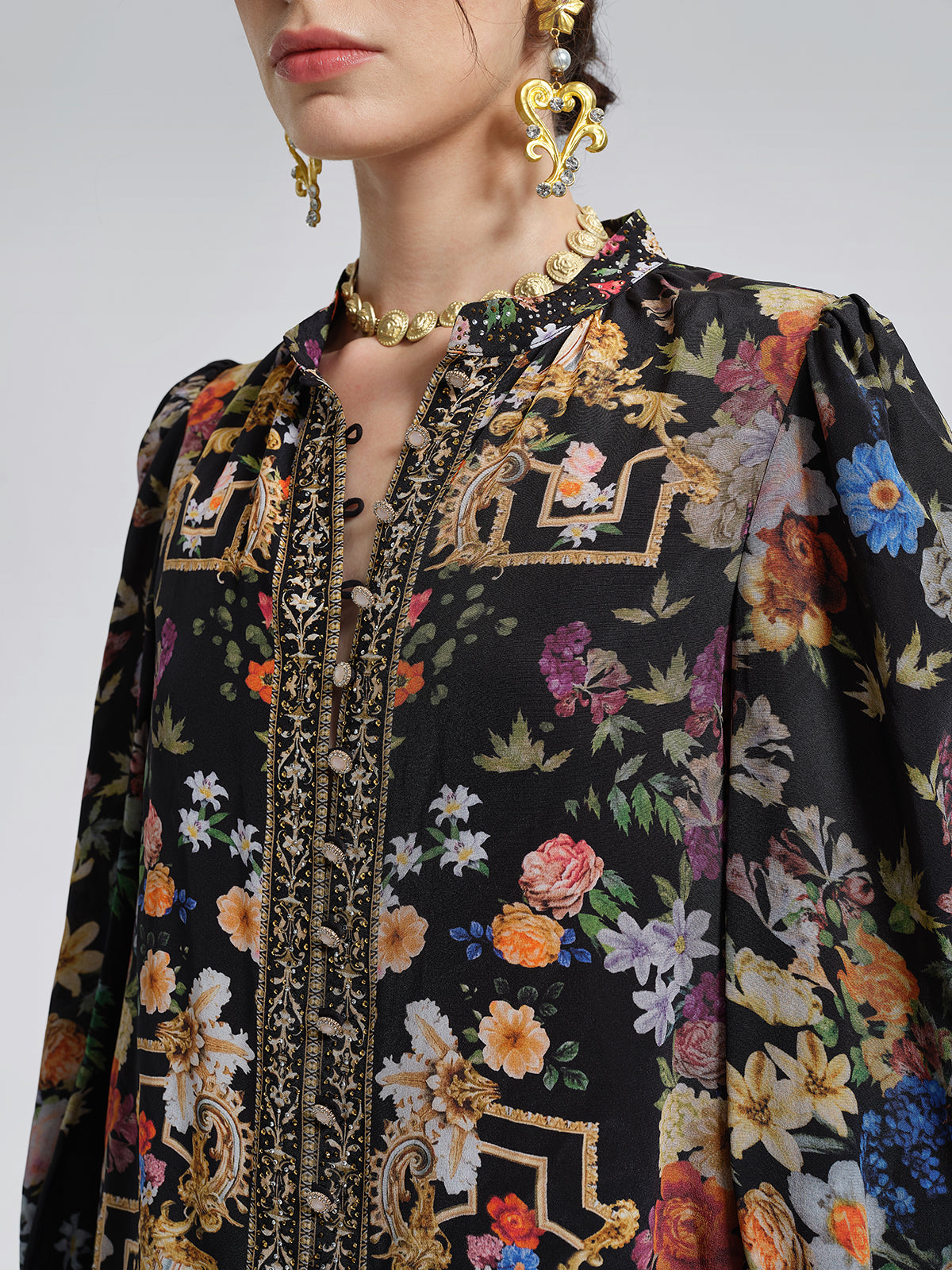 100% Silk Floral Print Rhinestone Blouse