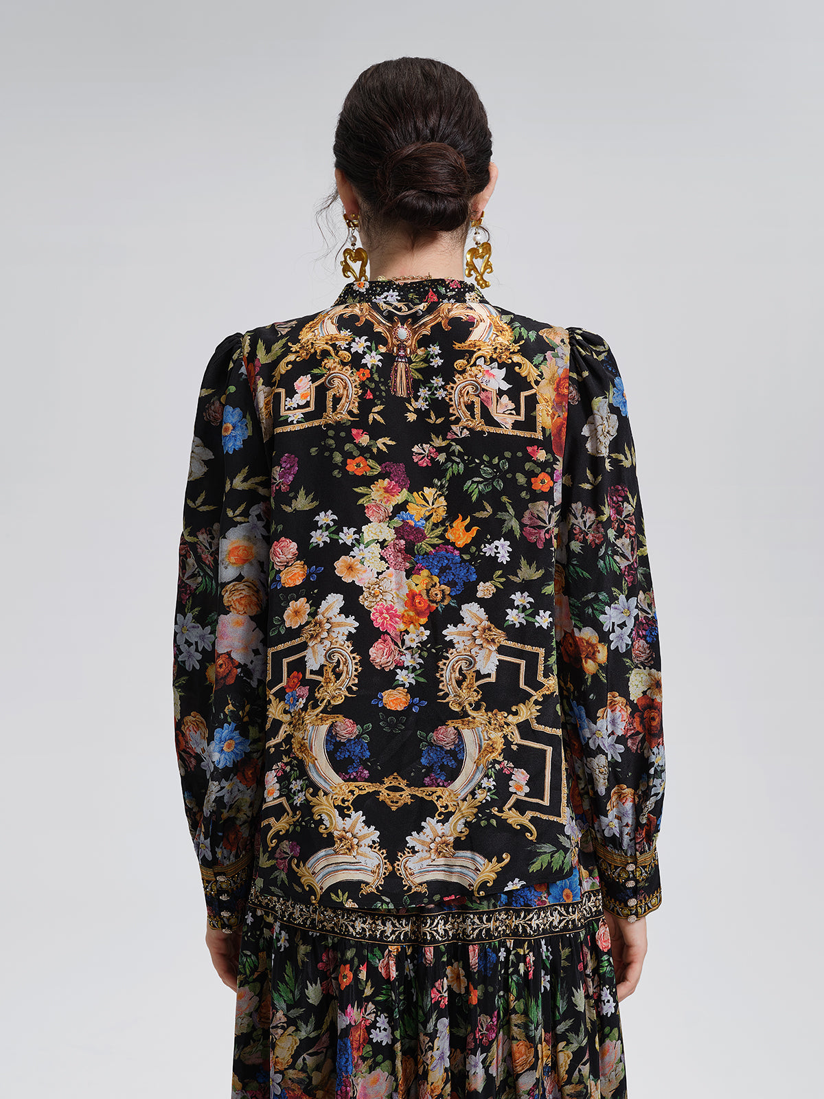 100% Silk Floral Print Rhinestone Blouse