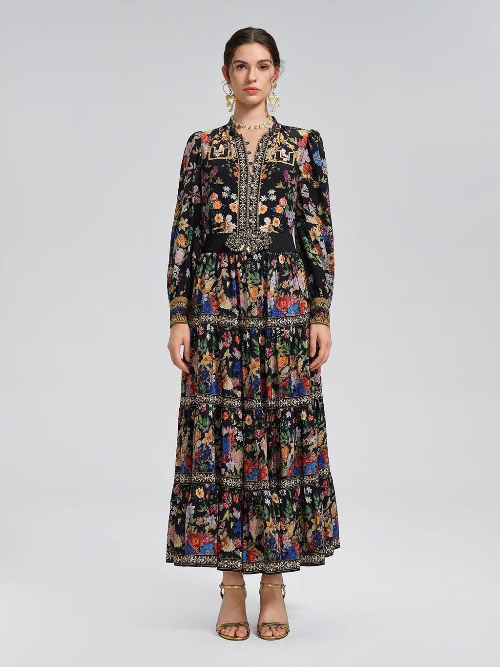 100% Silk Floral Print Rhinestone Blouse