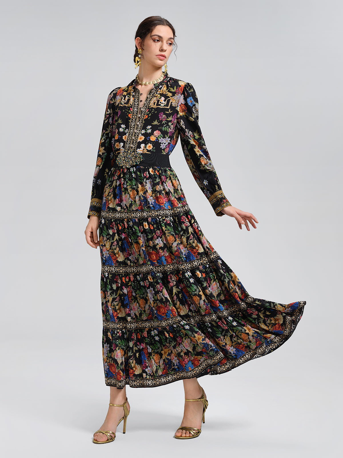 100% Silk Floral Print Rhinestone Blouse