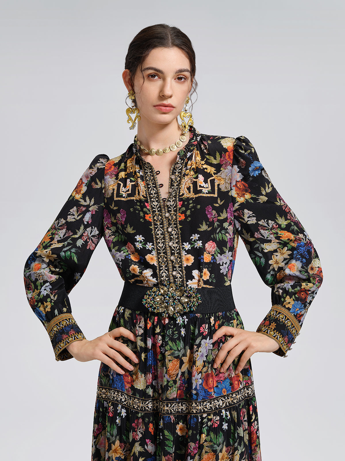 100% Silk Floral Print Rhinestone Blouse