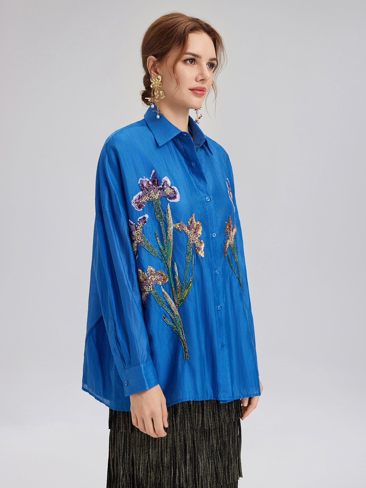3D Floral Embroidered Loose Shirt