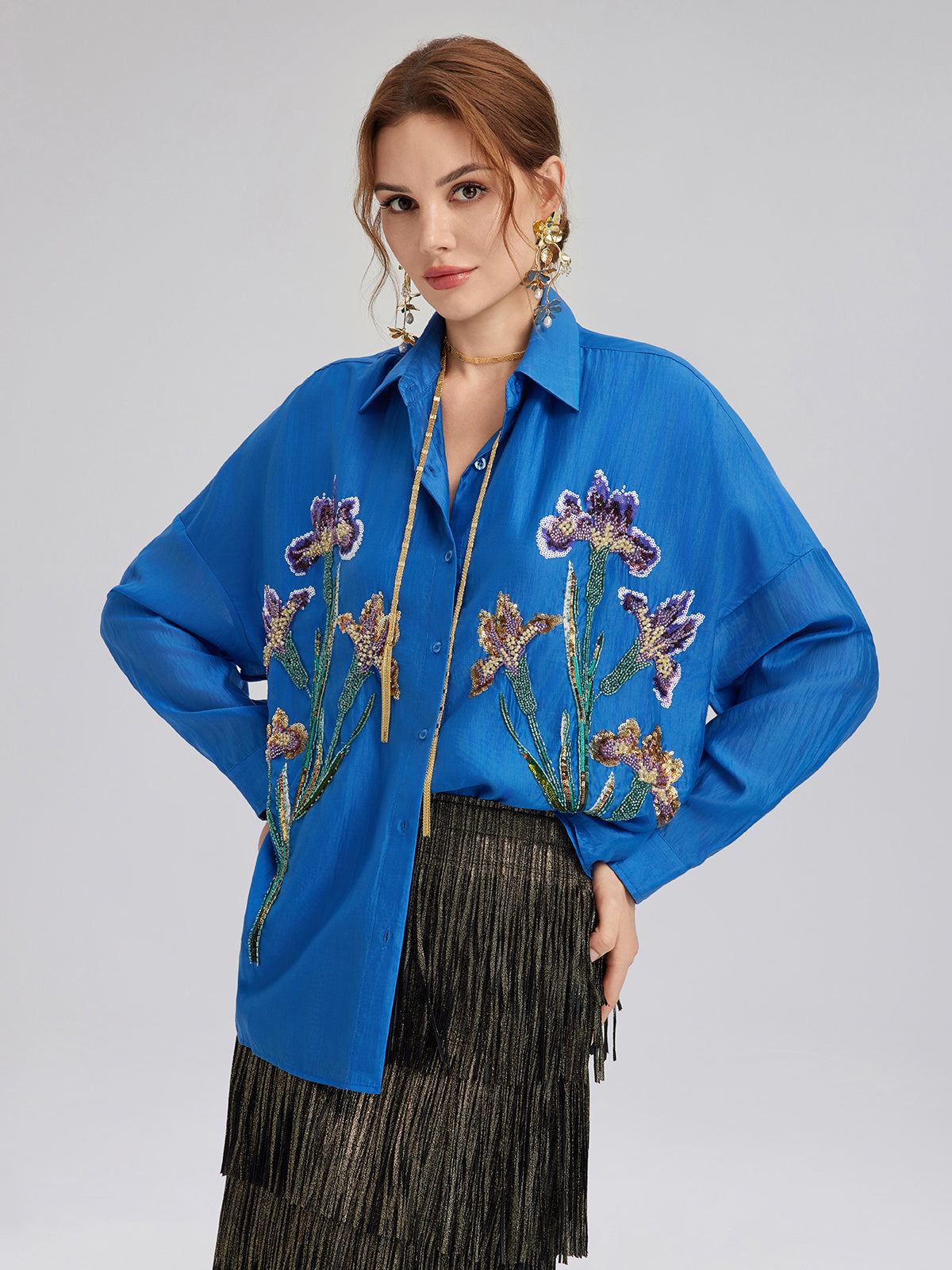 3D Floral Embroidered Loose Shirt