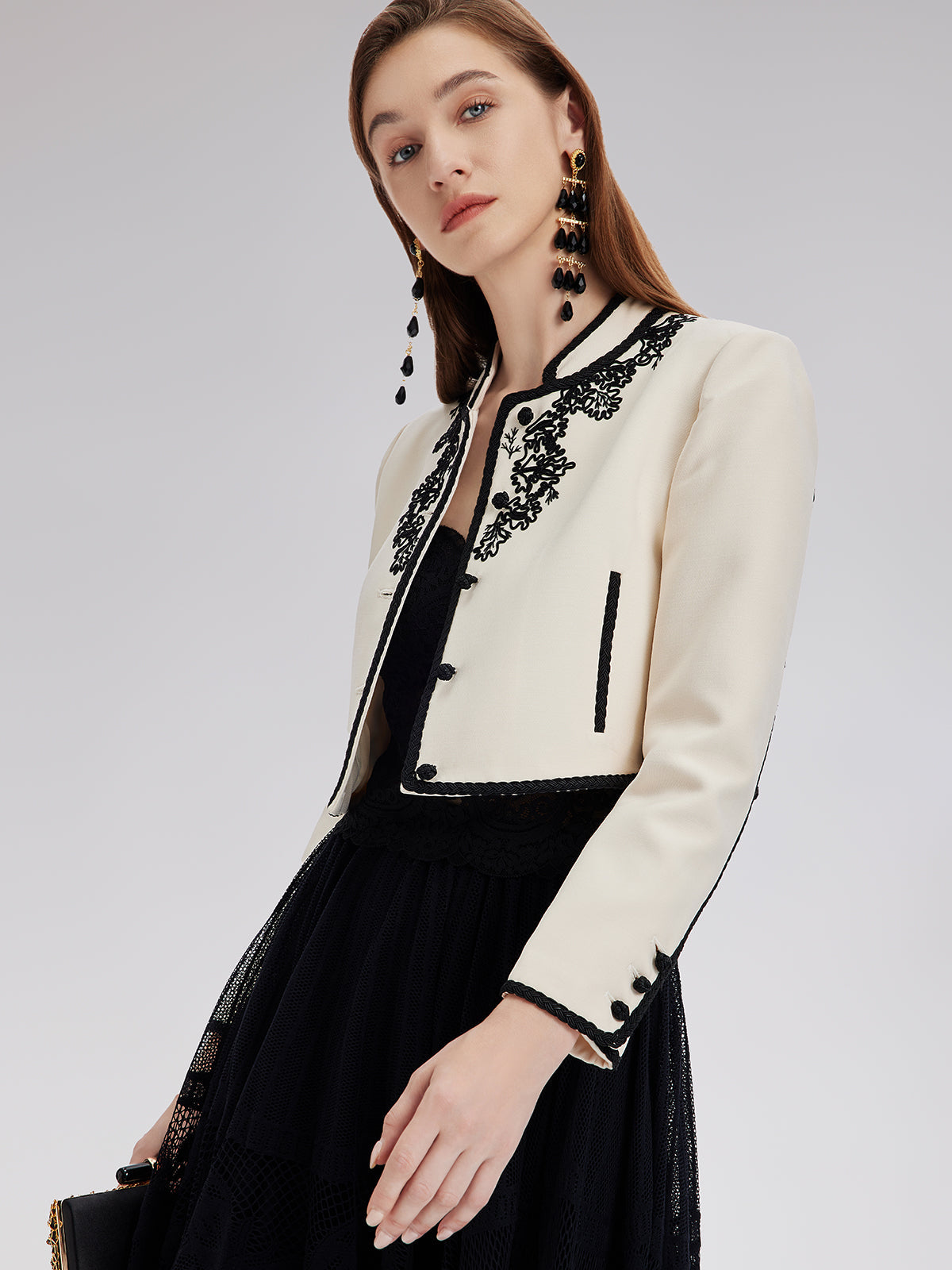 3D Cord Embroidery Silk Wool Cropped Jacket
