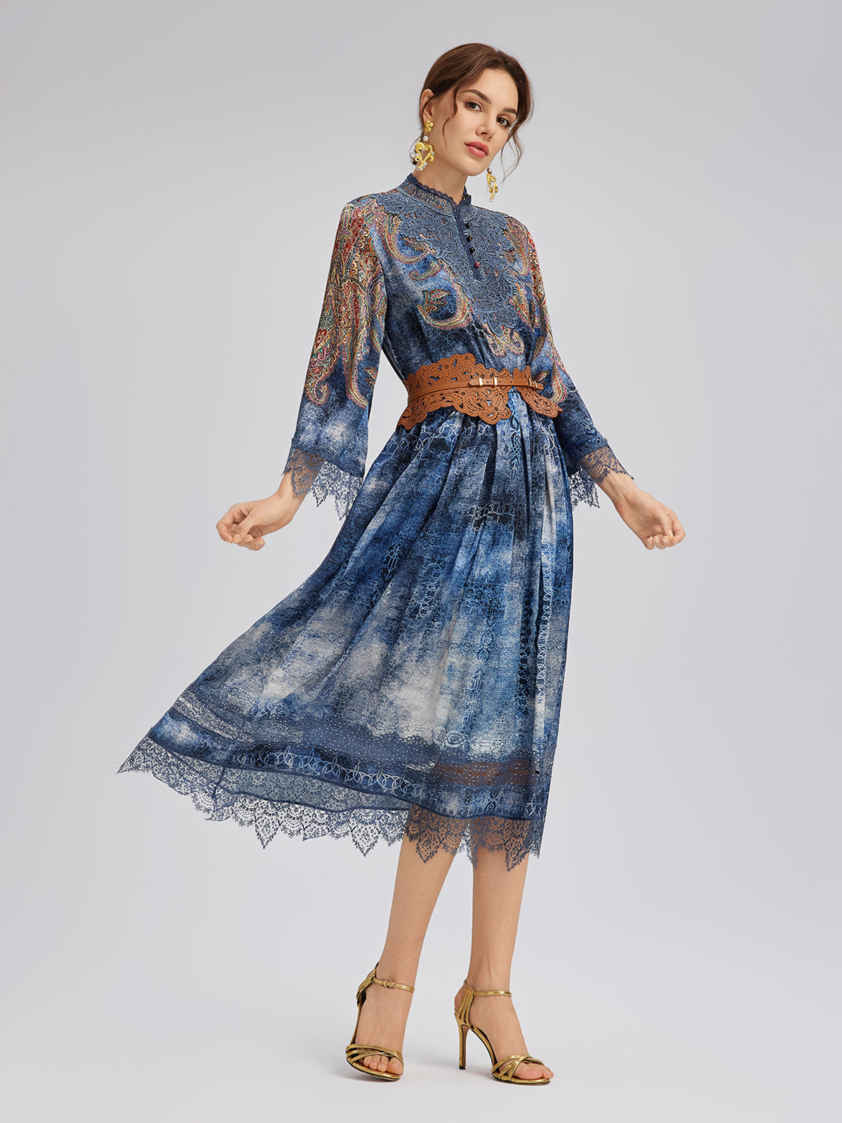 100% Silk Paisley Tie-Dye Stand Collar Blouse