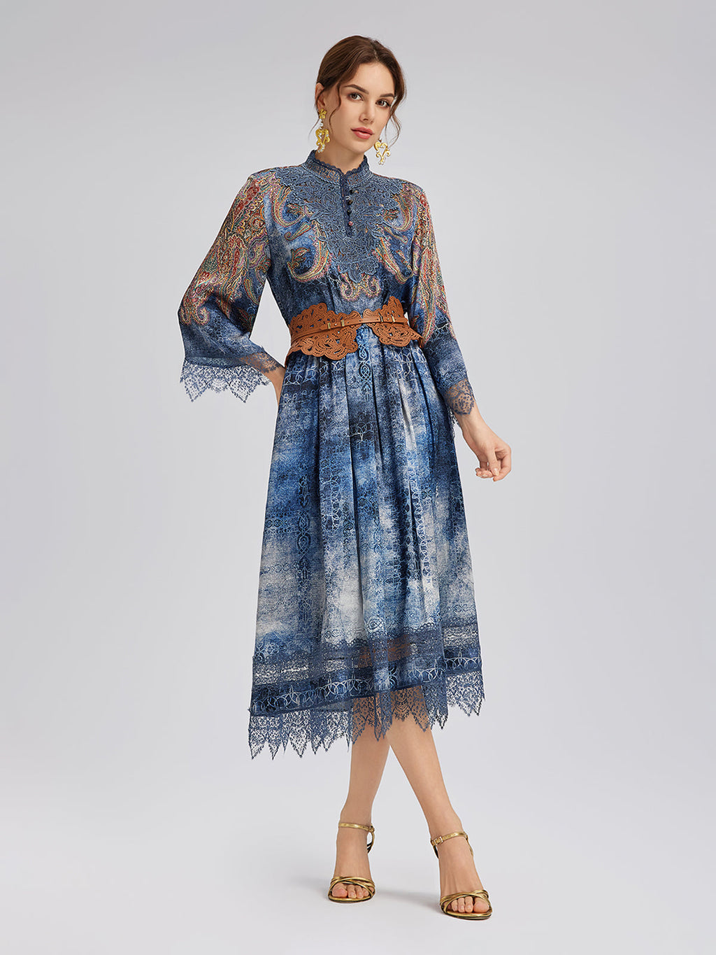 100% Silk Paisley Tie-Dye Stand Collar Blouse