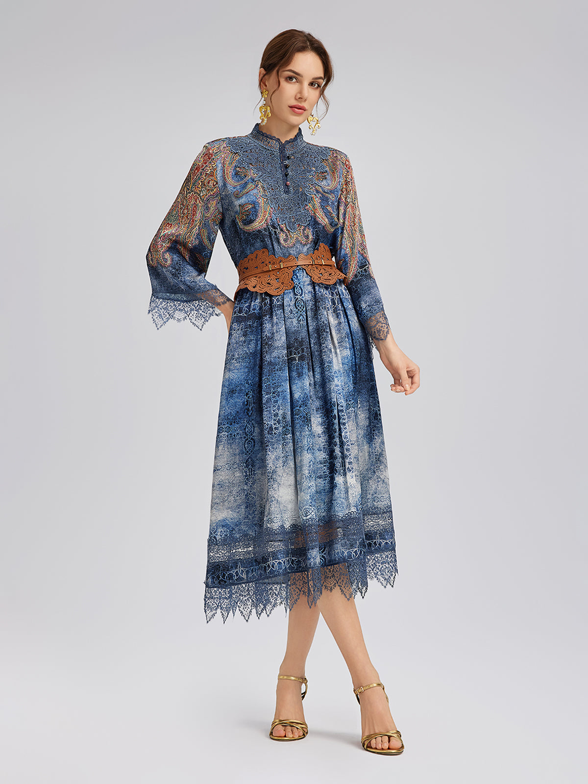 100% Silk Paisley Tie-Dye Stand Collar Blouse