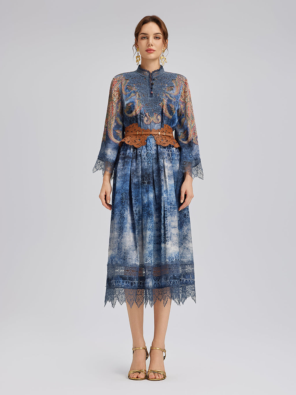 100% Silk Paisley Tie-Dye Stand Collar Blouse