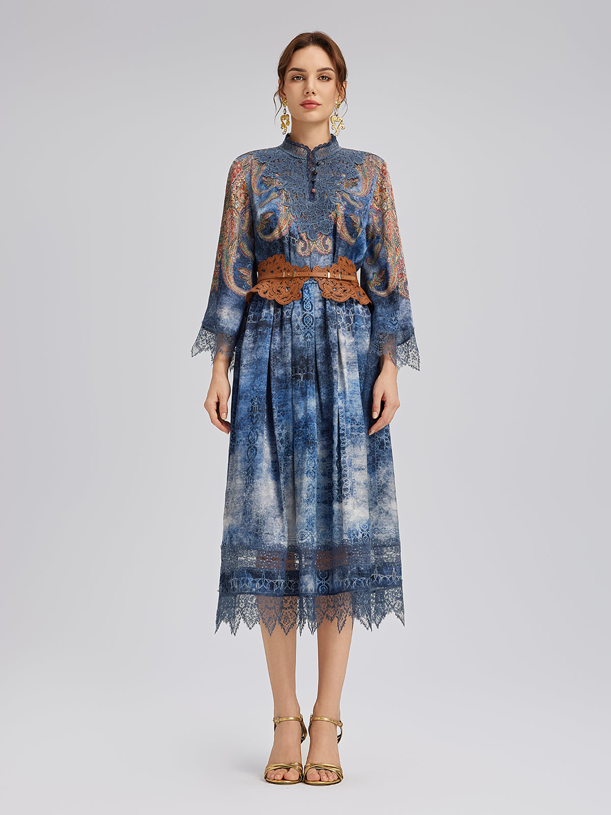 100% Silk Paisley Tie-Dye Stand Collar Blouse