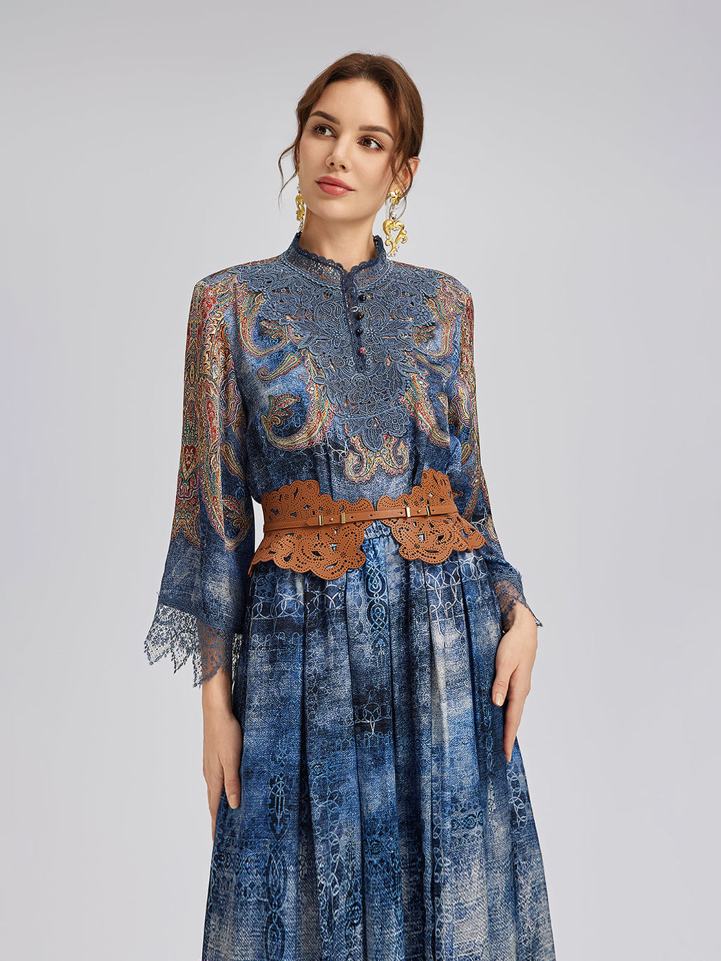 100% Silk Paisley Tie-Dye Stand Collar Blouse