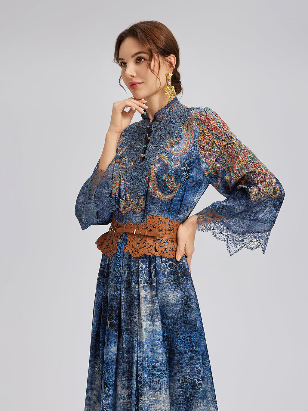 100% Silk Paisley Tie-Dye Stand Collar Blouse