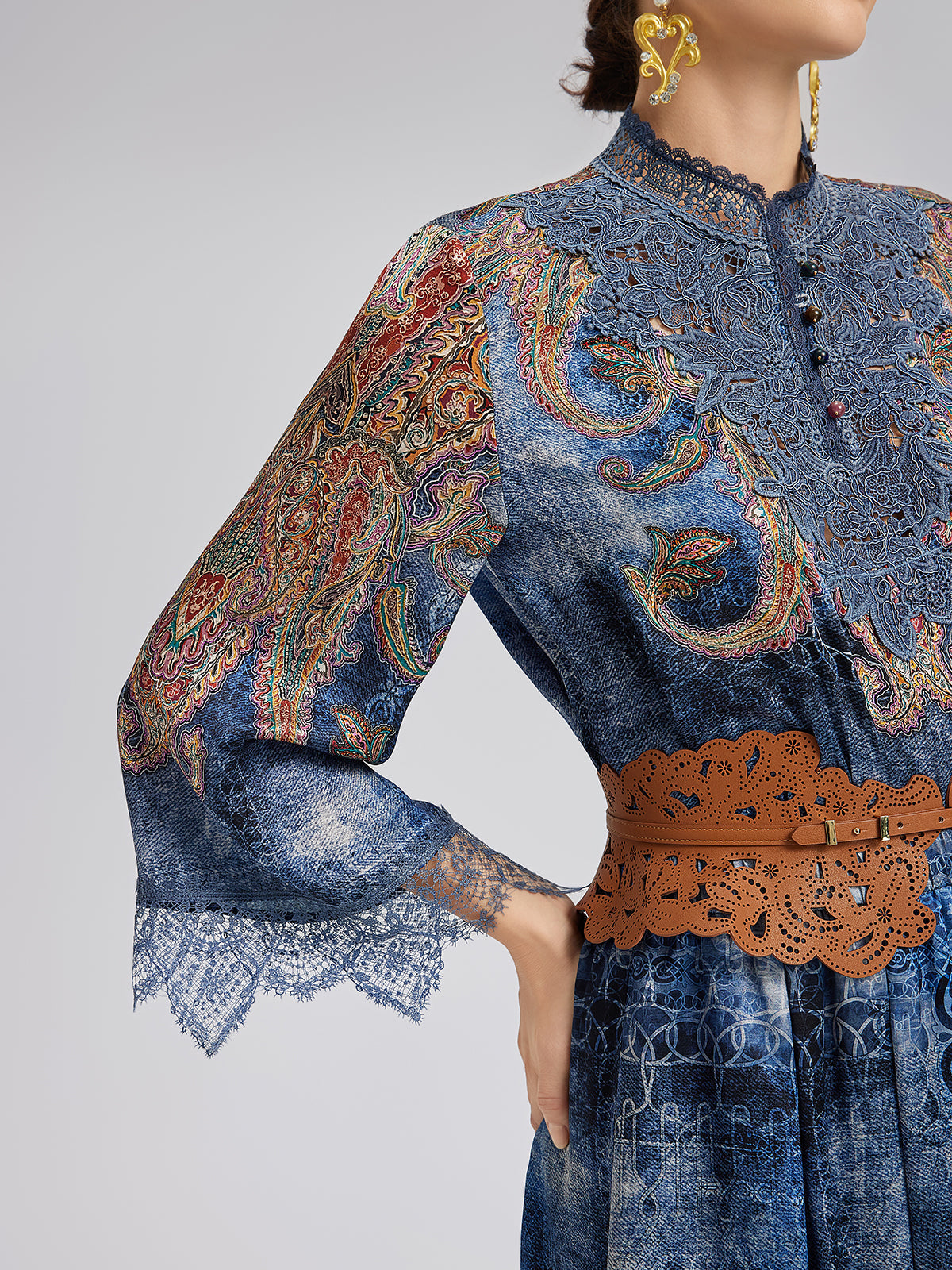 100% Silk Paisley Tie-Dye Stand Collar Blouse