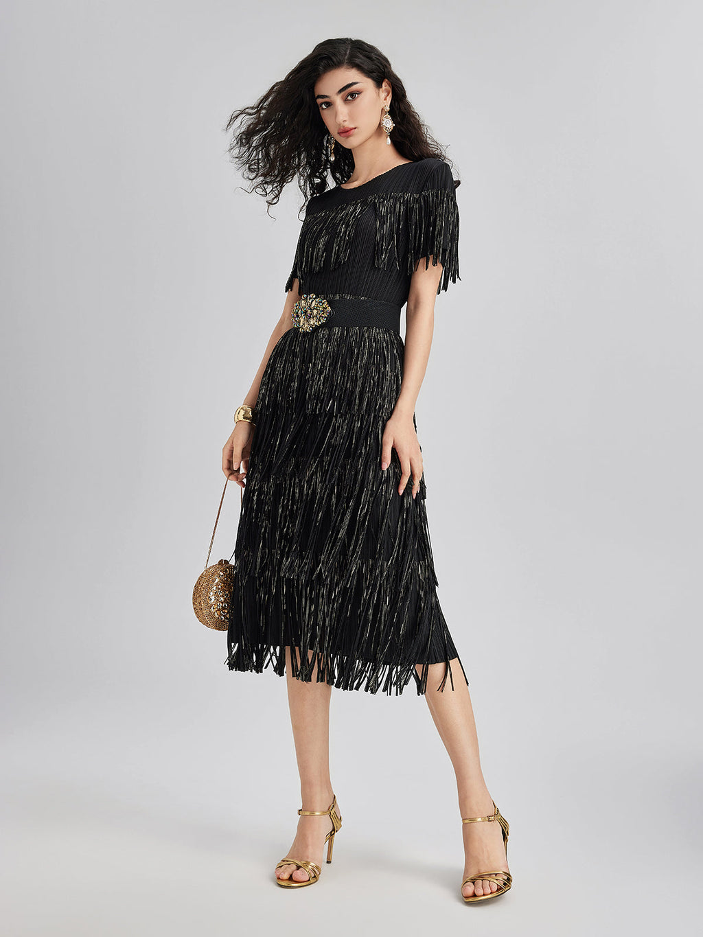 3D Pleated Gilded Tassel Dress