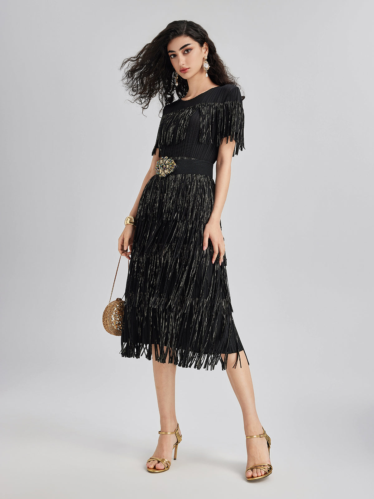 3D Pleated Gilded Tassel Dress