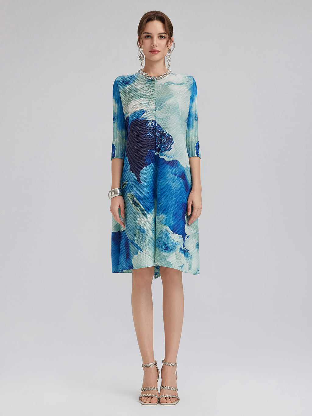Abstract-Print Pleated Midi Dress
