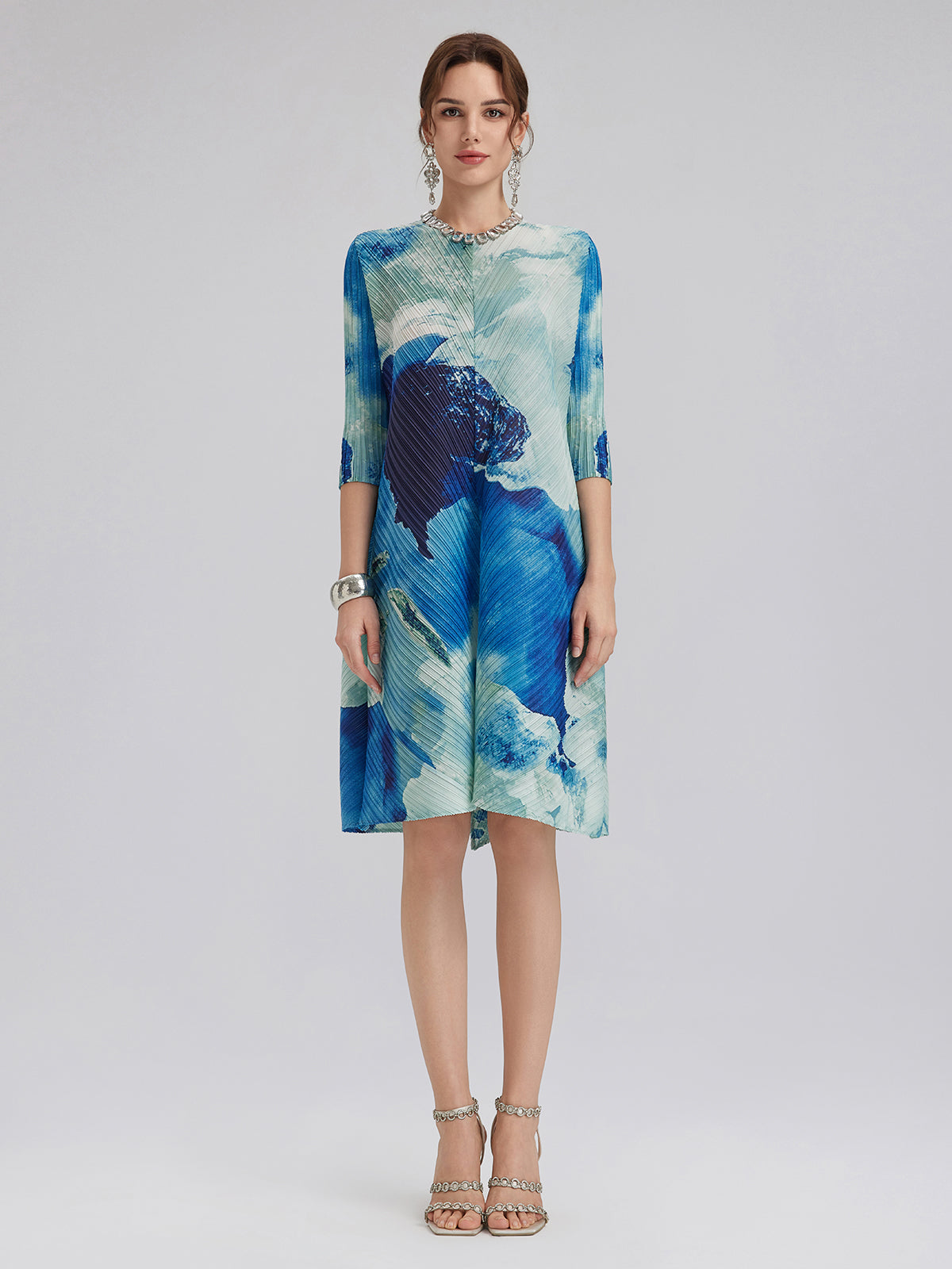Abstract-Print Pleated Midi Dress
