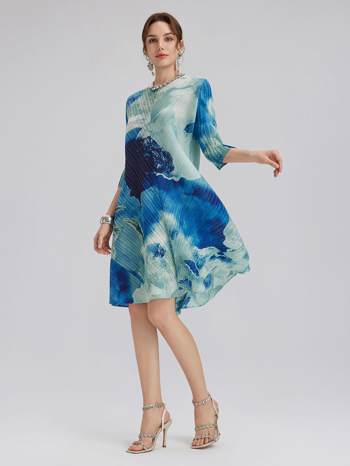 Abstract-Print Pleated Midi Dress