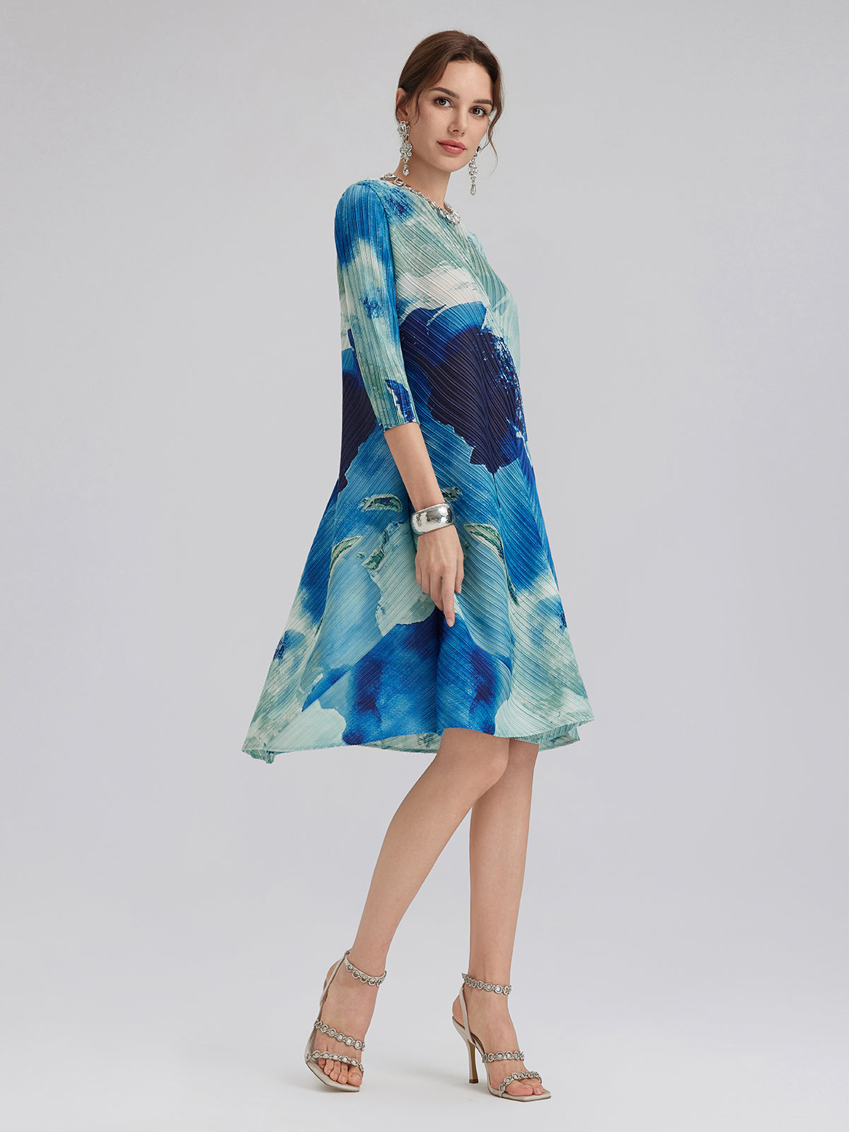 Abstract-Print Pleated Midi Dress