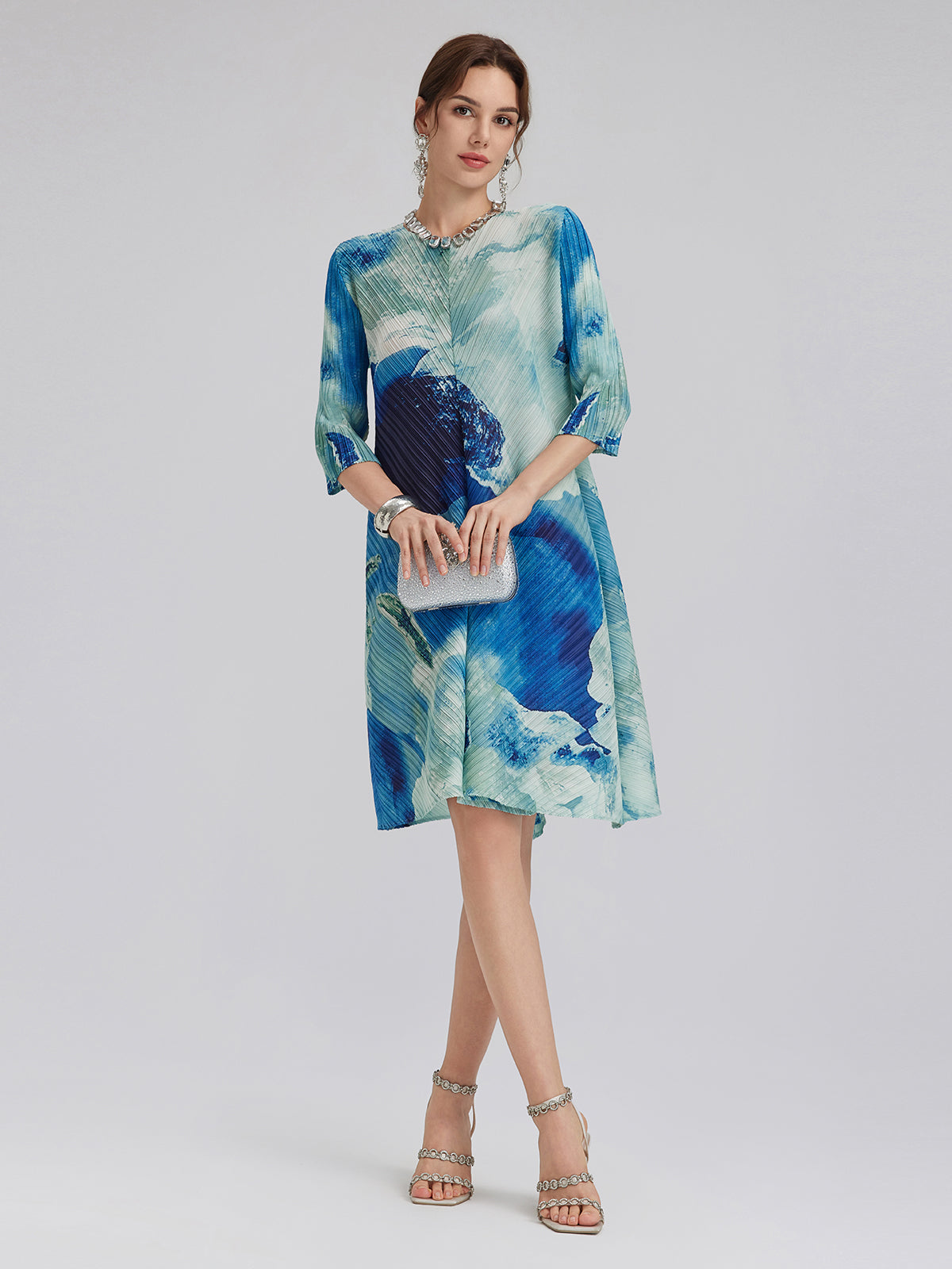 Abstract-Print Pleated Midi Dress