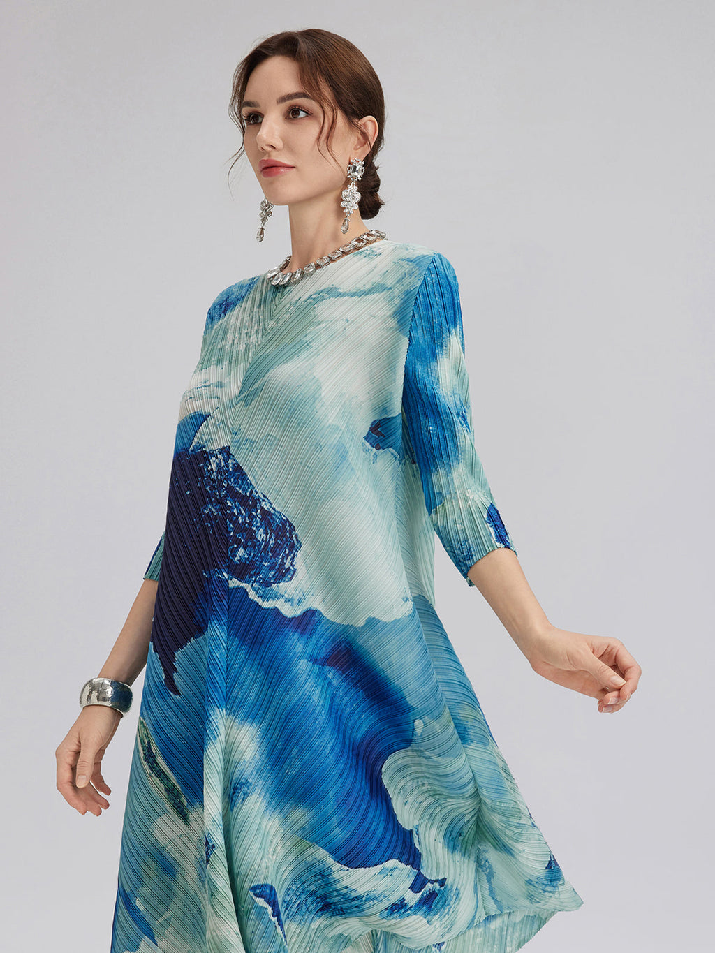 Abstract-Print Pleated Midi Dress